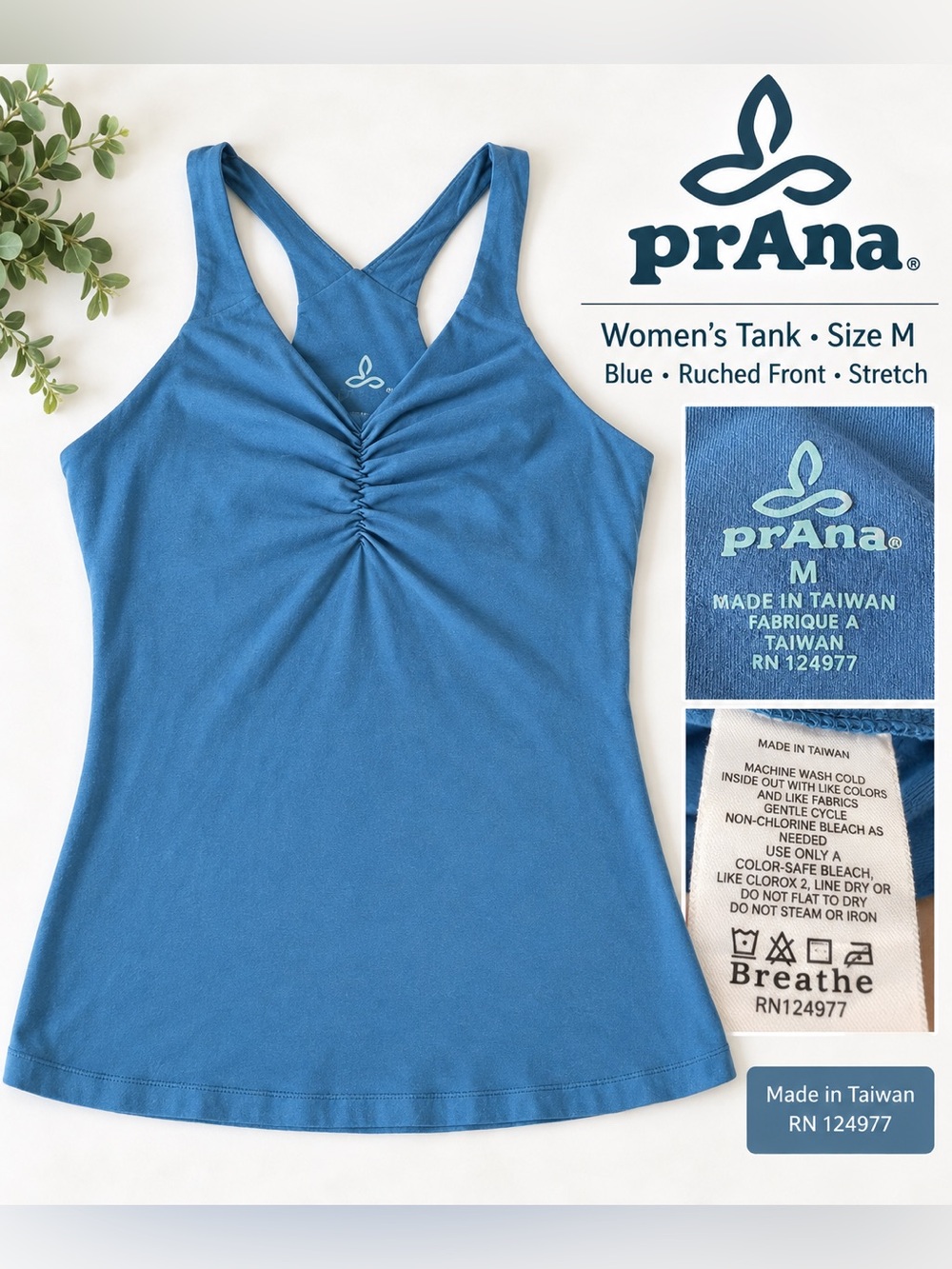Prana Blue Ruched Racerback Tank Top